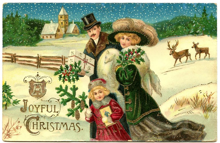 An image taken from a Victorian Christmas card of two adults dressed in Victorian formal coats and hats carrying Christmas gifts. Behind them is a snowy landscape, two reindeer and a snow-topped church. 