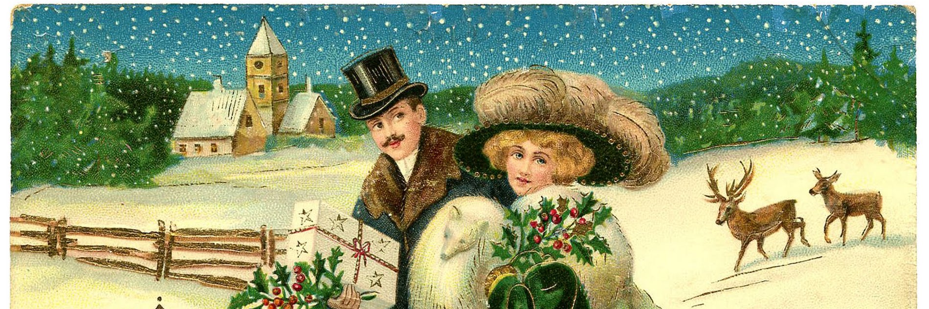 An image taken from a Victorian Christmas card of two adults dressed in Victorian formal coats and hats carrying Christmas gifts. Behind them is a snowy landscape, two reindeer and a snow-topped church. 