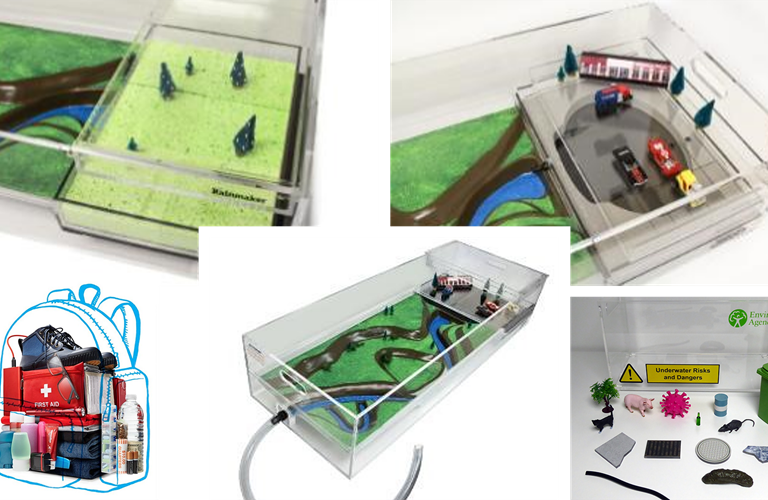A collage of images showing a series of models and dioramas in acrylic cases illustrating methods of counteracting flooding.