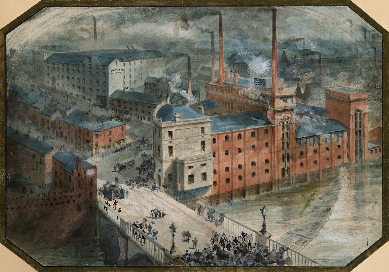A painting showing a Victorian industrial cityscape. In the foreground, people on foot horses and carriages and steam vehicle cross a large bridge which spans a river. On the  banks of the river is a large  redbrick industrial building with smoking chimneys. Behind it are further industrial buildings and smoggy skies. 