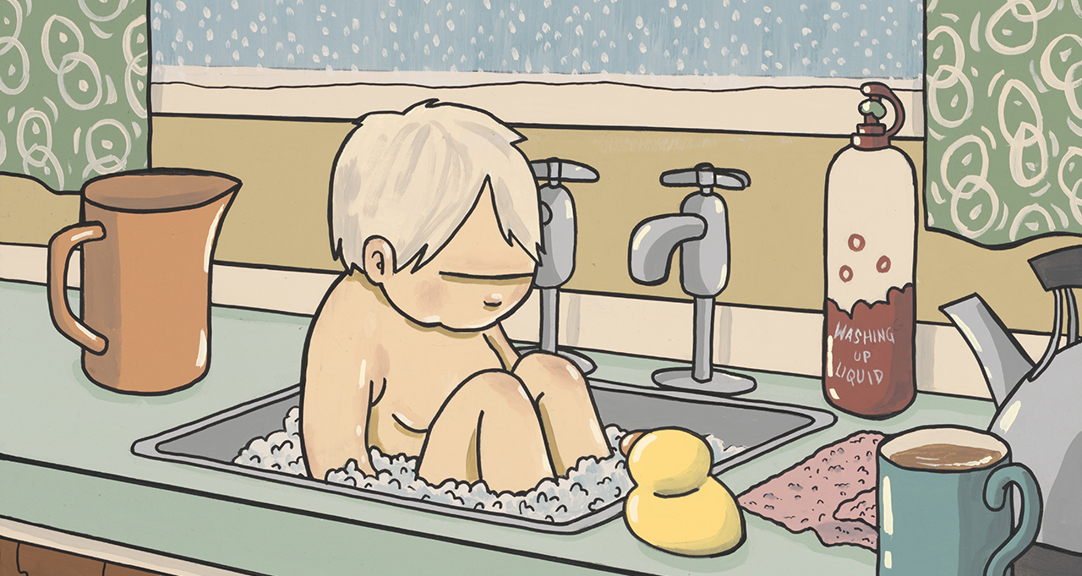 A painting of a young child being bathed in a sink of a 197s style kitchen. Around the sink are a rubber duck, a bottle of washing up liquid, a jug, a kettle and a mug.