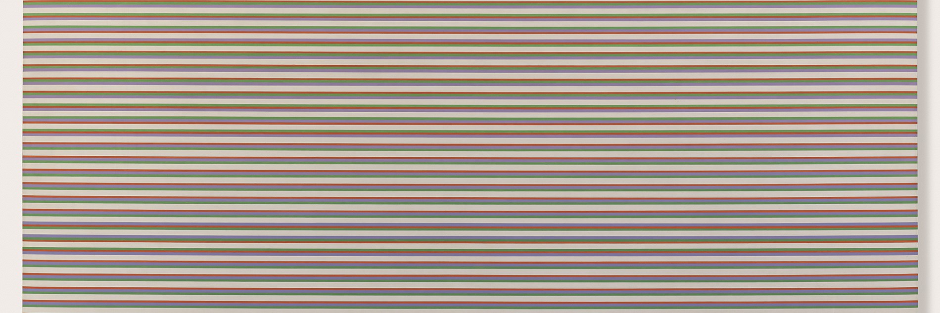 An abstract oil painting of irregularly repeating horizontal lines in cream, green, lilac and orange.