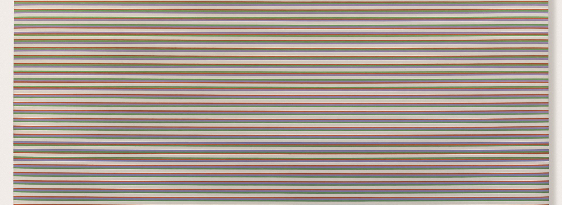 An abstract oil painting of irregularly repeating horizontal lines in cream, green, lilac and orange.