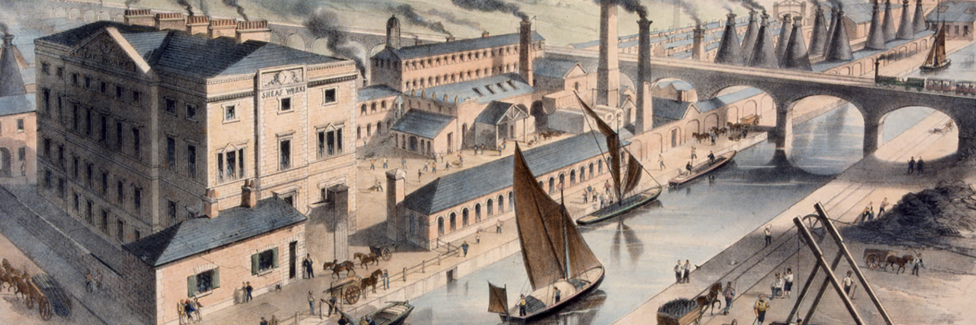 A painting of a busy industrial scene showing factories with many chimneys which have smoke billowing out of them. A waterway runs to the right of the picture with boats and a train travels over a viaduct. There are lots of people and horses and carts.