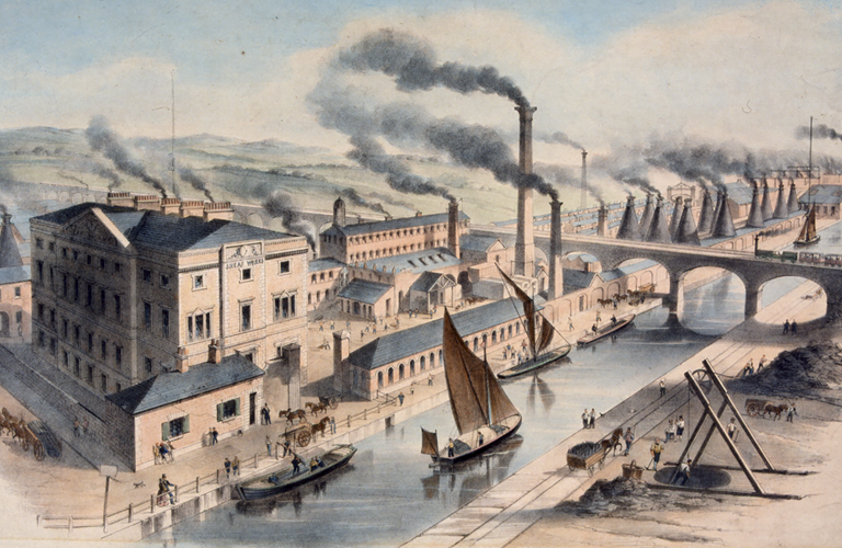 A painting of a busy industrial scene showing factories with many chimneys which have smoke billowing out of them. A waterway runs to the right of the picture with boats and a train travels over a viaduct. There are lots of people and horses and carts.