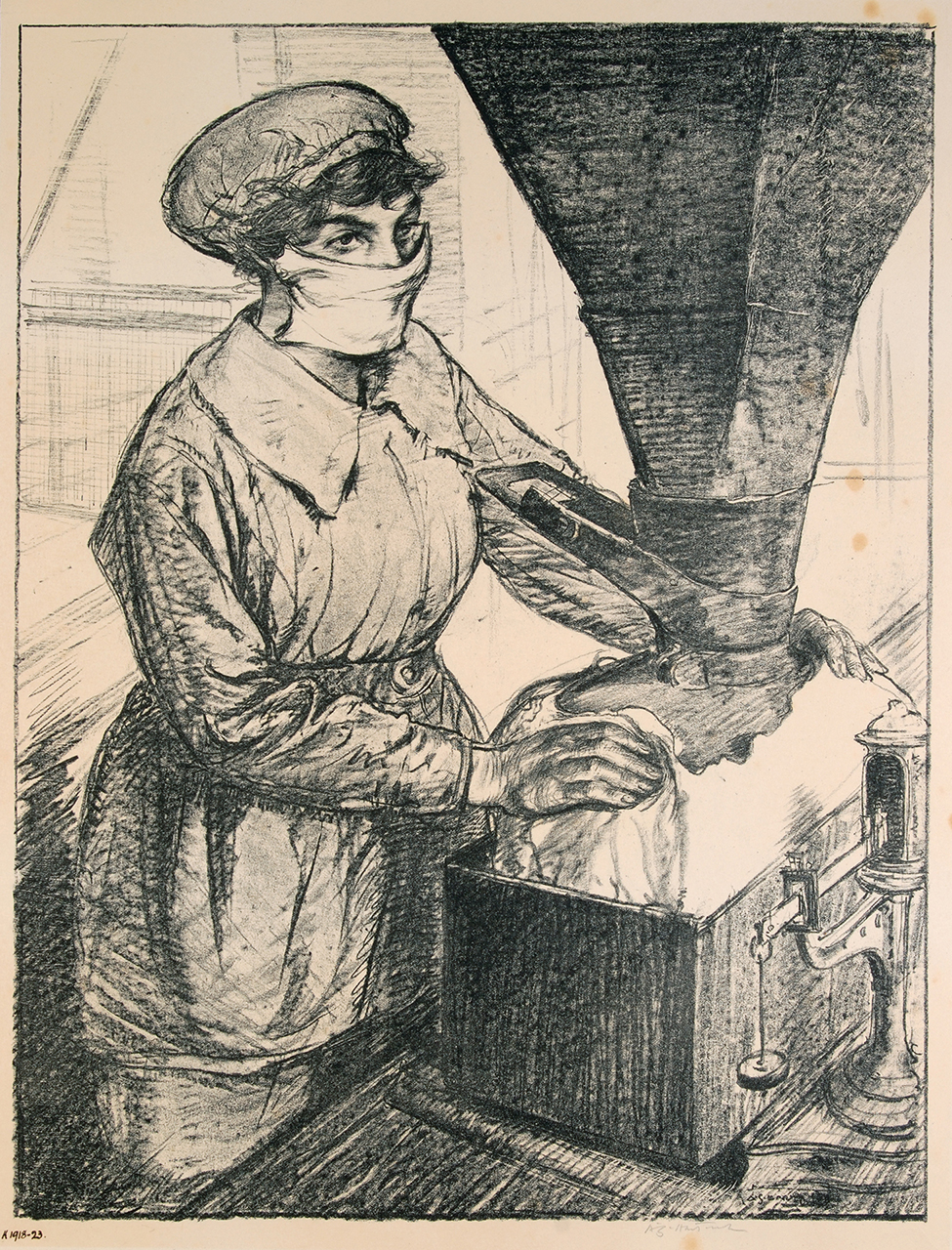 A black and white drawing of a adult woman wearing a mask, hairnet and apron filling a container from a large funnel.  