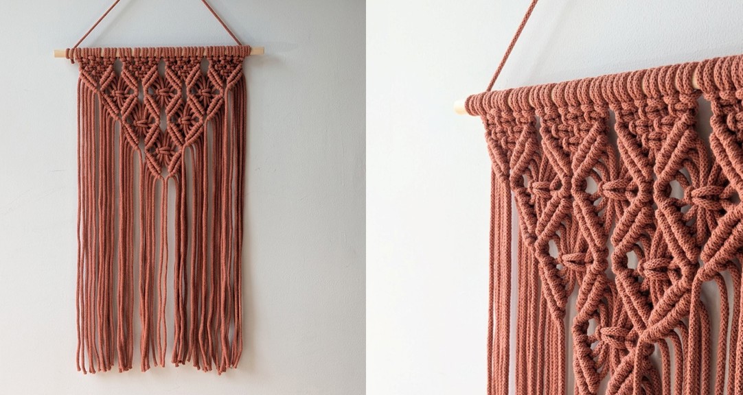 A composite image showing two views of the same macrame wall hanging. It is made of a dusty rose pink yarn, and the knots create a triangle shape coming down. Tassels hang down from the bottom of the triangle, ending in a straight line. The other photo is a more side on view of the same piece. 