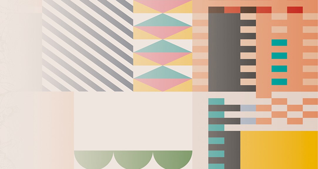 A digital collage on a cream coloured background. On the left is a flower pattern in green and grey lines. On the right is a composition of multicoloured geometric shapes.