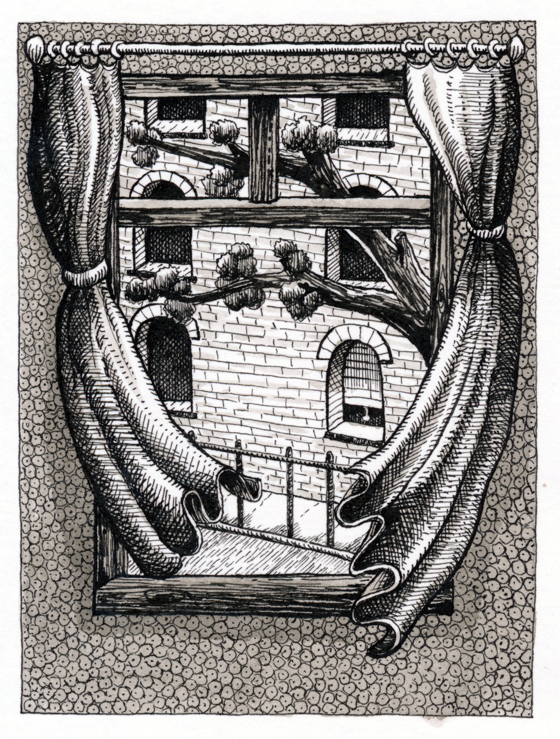 A pen and ink drawing of a window and curtains overlooking a tree and garden. 