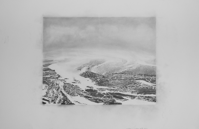 A photograph of a greyscale drawing of the ocean, with visible waves and ripples across the surface. It is photographed against a piece of white paper scattered with handwritten notes.