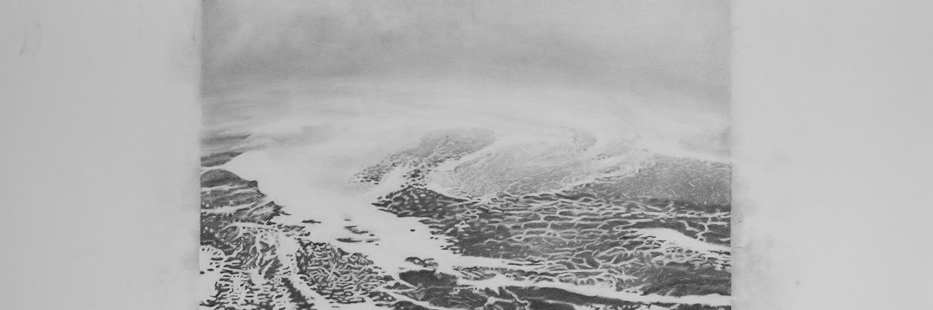 A photograph of a greyscale drawing of the ocean, with visible waves and ripples across the surface. It is photographed against a piece of white paper scattered with handwritten notes.