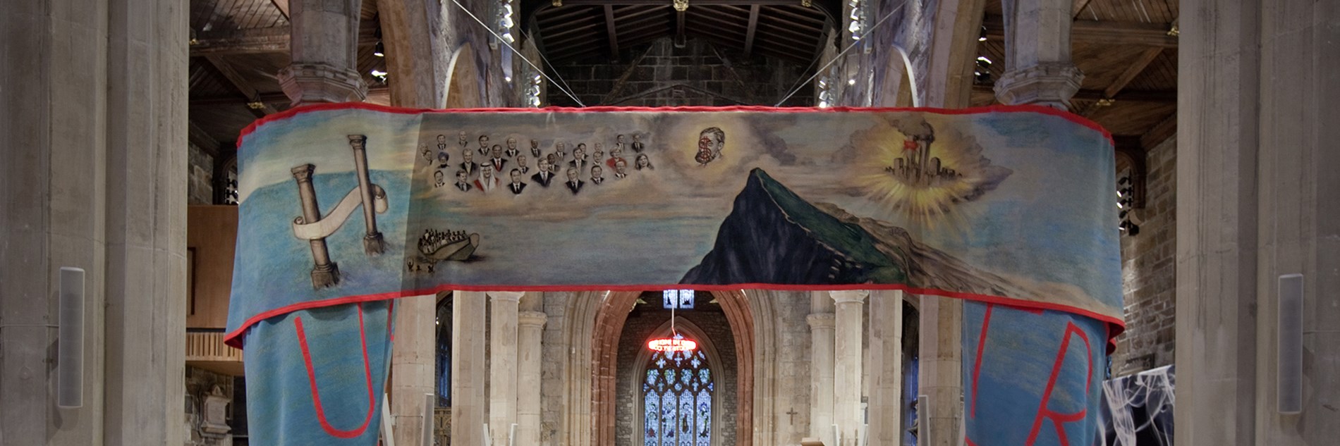A painted banner across the nave of Sheffield Cathedral