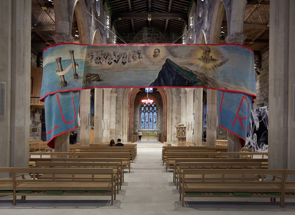 A painted banner across the nave of Sheffield Cathedral