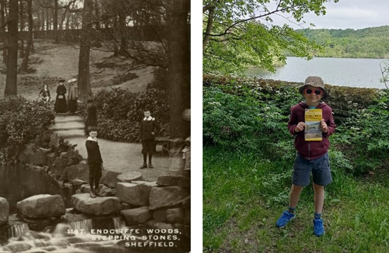 A collage of three images: 1) an adult and two small children pose in the sunshine by a brook, 2) a historic photo taken at the stepping stones in Ecclesall woods - in the foreground two older children stand on and by the stones, in the background a child and two adults all wearing long dresses stand on the path behind them., 3) a child in in a hat and sunglasses holds a map stood in front of a stone wall, which is in front of a lake or reservoir.