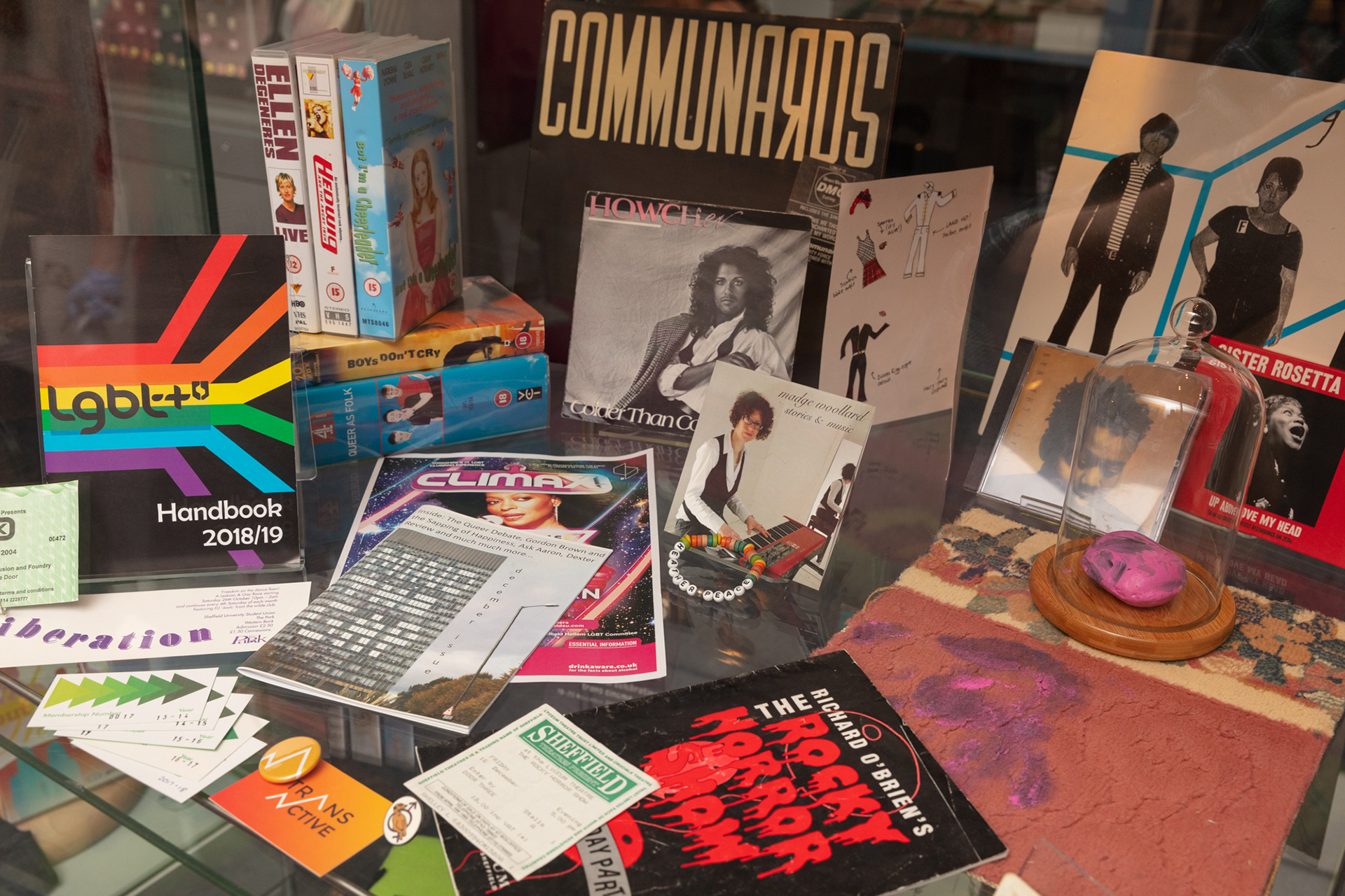 A display case holding a selection of LGBT+ handbooks, magazines, videos, LPs and CDs. There is a multicoloured bracelet and a bell jar with a bright pink box. 