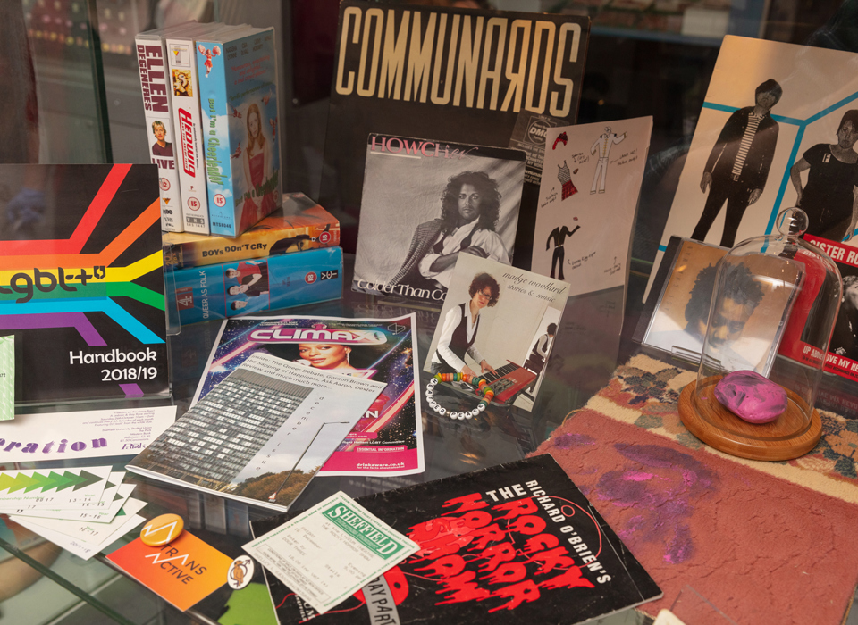 A display case holding a selection of LGBT+ handbooks, magazines, videos, LPs and CDs. There is a multicoloured bracelet and a bell jar with a bright pink box. 