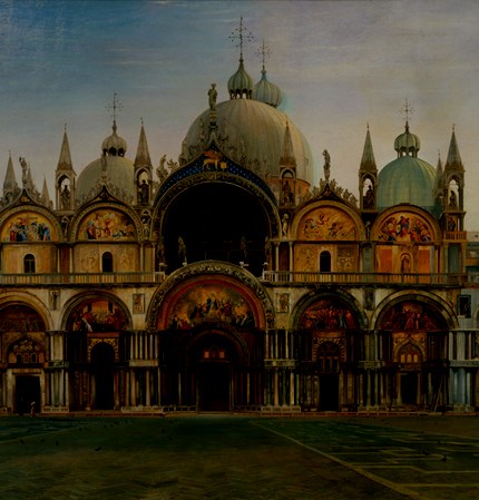 Oil on canvas painting of a grand building which has ornate Christian religious scenes depicted on its walls. 
