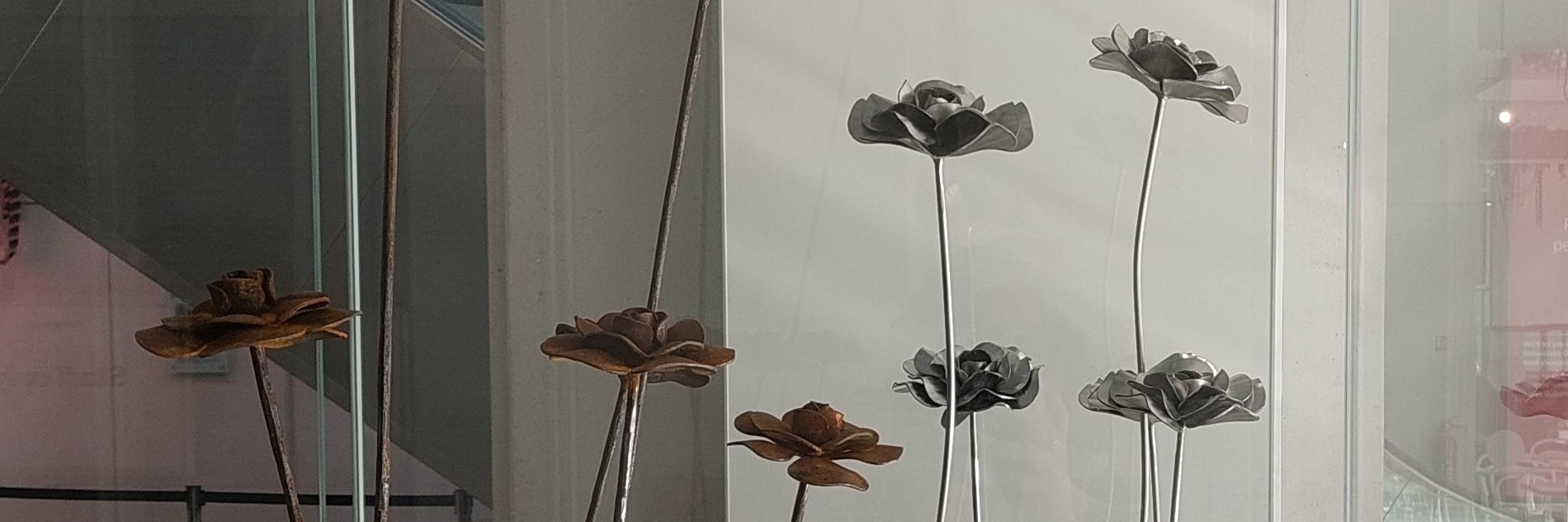A photograph of nine steel roses inside a glass display cabinet.