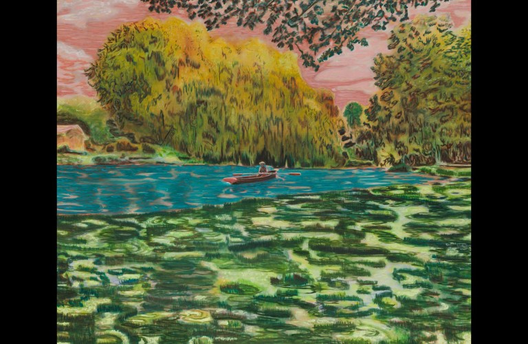 A painting of a lone person sat in a rowing boat on a blue lake. One half of the lake is covered in green lily pads. The sky is pink, and the trees are shades of orange, brown and green.