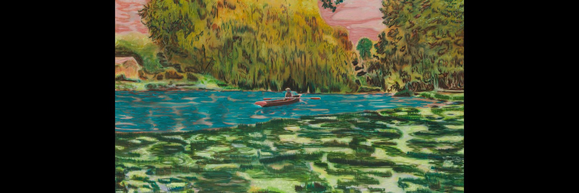 A painting of a lone person sat in a rowing boat on a blue lake. One half of the lake is covered in green lily pads. The sky is pink, and the trees are shades of orange, brown and green.
