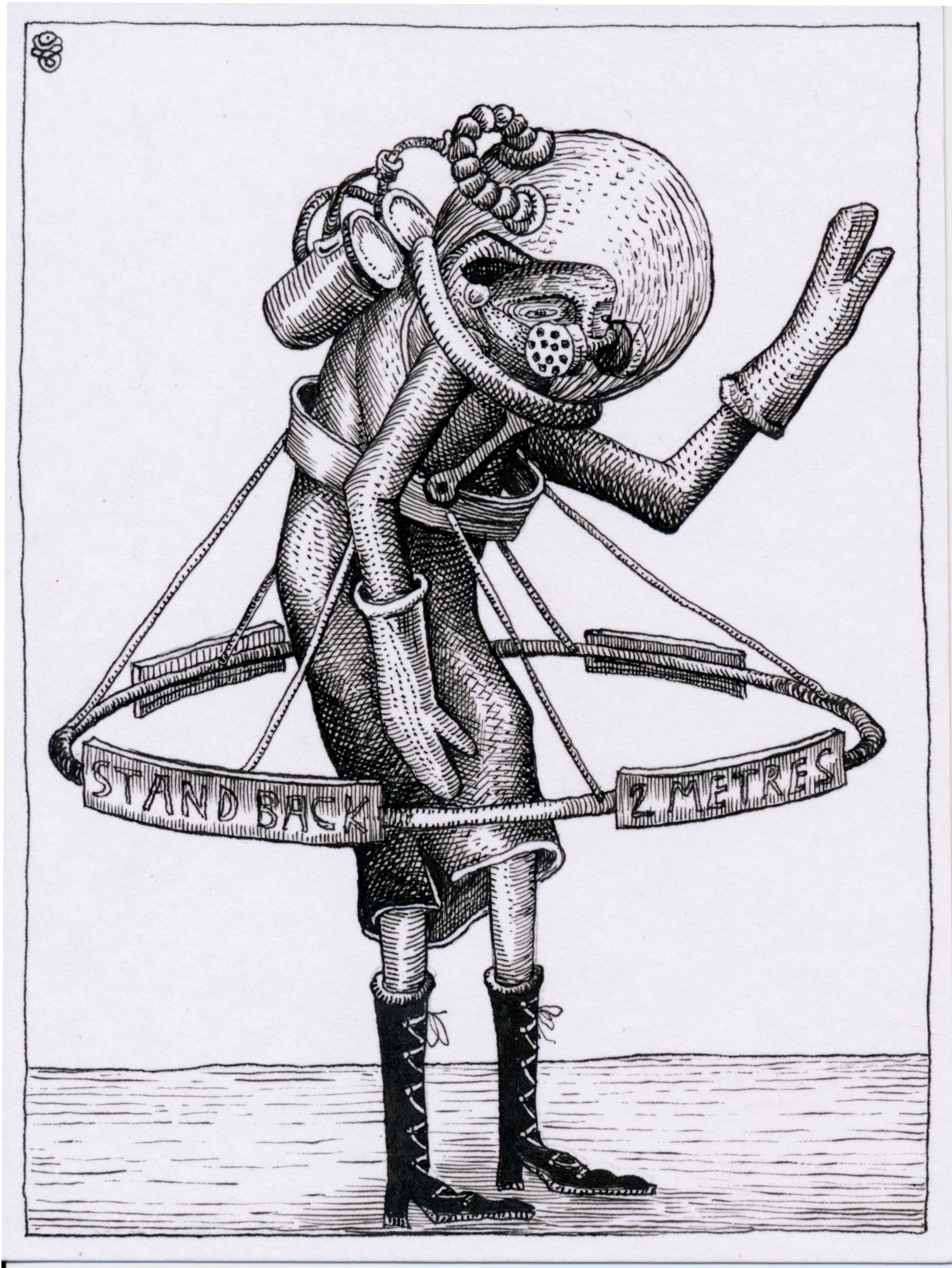 A pen and ink drawing of a human-like figure wearing a hula hoop suspended from their waist with the words "stand back" and "2 metres" written on. They are wearing oven gloves and a a astronaut-style helmet.  