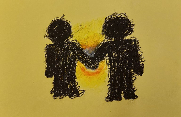 A crayon drawing on a yellow background of two figures in black silhouette holding hands. There joined hands are surrounded by yellow and orange.
