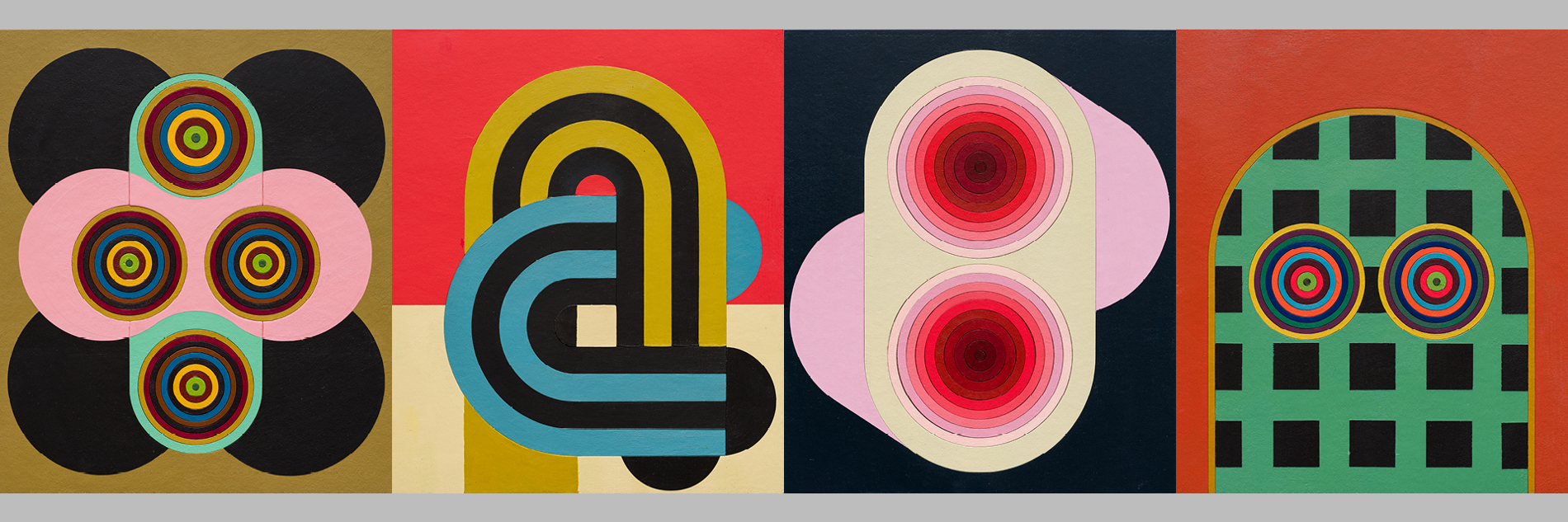 Four geometric works by the artist, Lubna Chowdhary. She uses a mixture of bright and pastel colours, contrasting against black patterns.
