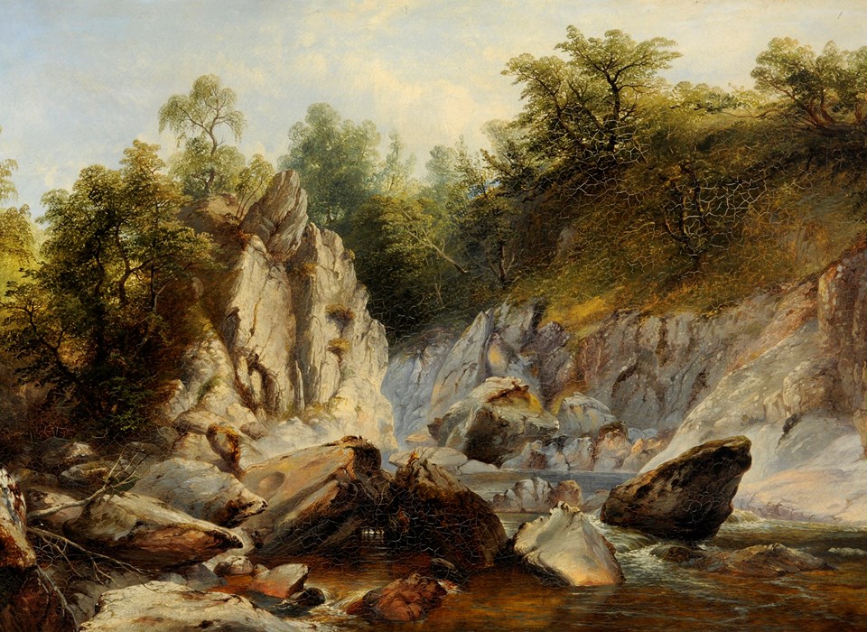 A painting of a river with steep rocky banks either side. and a hill on the right. There are trees on wither side of the river and a weir in the foreground 