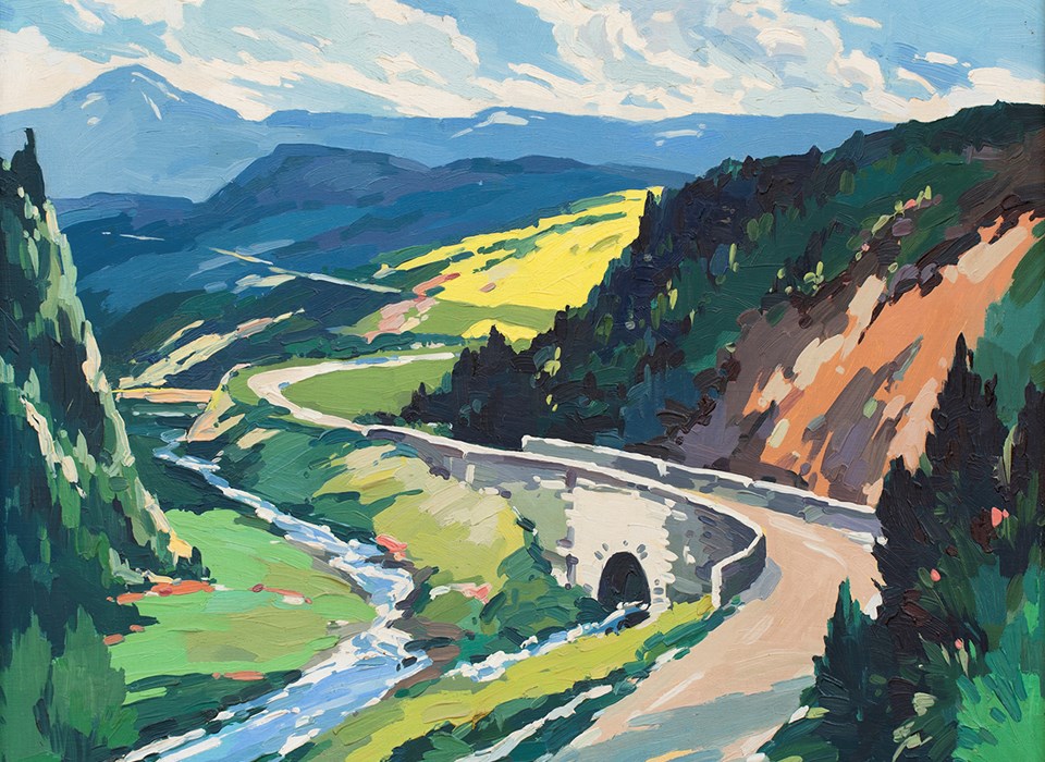 An oil painting of a colourful scene depicting a winding road over a bridge and through the hills of the Peak District. A river can be seen below the level of the road to the left of the painting.