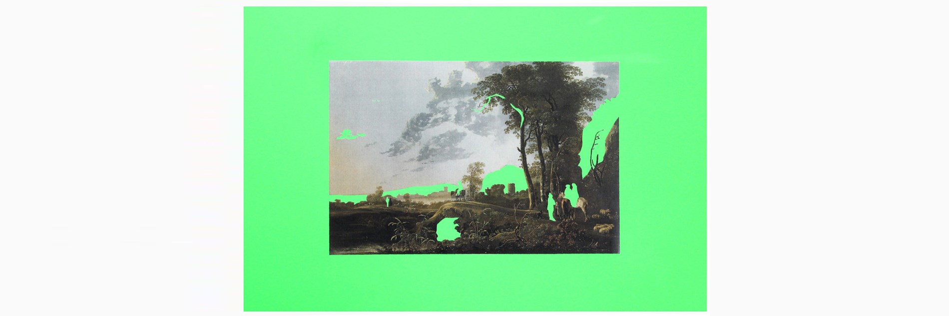 A traditional landscape painting with trees, figures on horseback and grey skies. There is a large tree to the right. The image has been digitally altered and features bright green accents. There is a bright green mount framing the landscape.