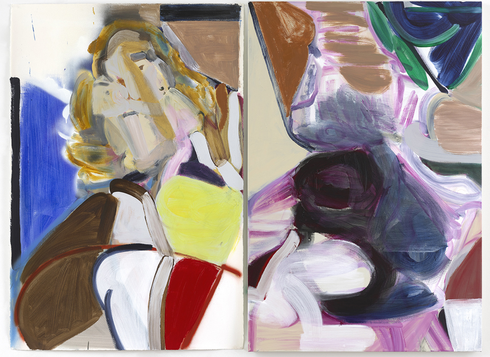 This image is split in half vertically. The left half shows an abstracted figure with long blonde hair and what seems to be a patterned top, with red, white, yellow and brown sections. The background is white, brown and blue. The right half is more abstract, with swathes of pink, white and blue paint mixed together in brushstrokes. There is a green and blue section in the top right corner. The background is beige. There is a red and white triangle in the bottom right corner. 