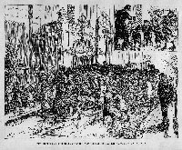 Black and white cartoon of children waiting for food outside Burngreave Vestry Hall in 1879