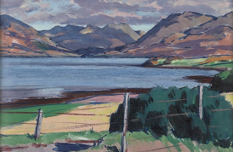 A painting of a loch and surrounding land, in green, yellow, blue and brown. In front of the lock there is grass, shrubbery and a fence, and behind the loch are mountains. 