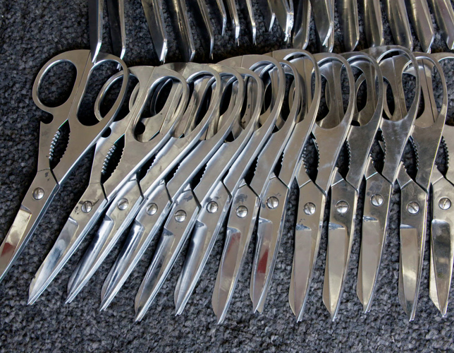 A photograph of 13 pairs of scissors 