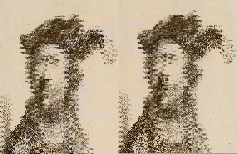 A drawing of a bearded man in 17th century dress. He wear a cloth cap with a feather in it and a jacket with a ruffed collar.