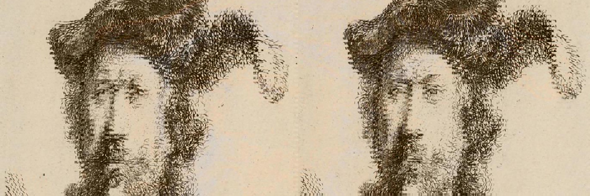 A drawing of a bearded man in 17th century dress. He wear a cloth cap with a feather in it and a jacket with a ruffed collar.