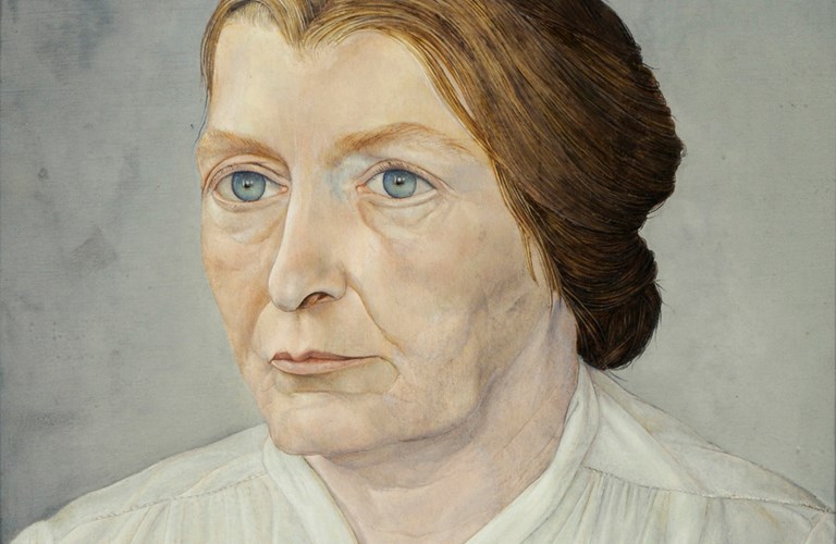 An adult woman with blue eyes and light auburn hair tied back and wearing a white blouse depicted against a light background. 