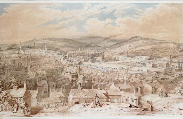 William's Ibbitt's watercolour painting South East View of Sheffield, 1854. It's a mostly sepia toned image, with a small amount of pale blue sky at the top of the image. It shows the houses and factories of Sheffield, with lots of chimneys and smoke rising above them. Three hills are shown in the background. There are some small figures depicted in the foreground, including a horse and cart, people doing stone work, children playing and people admiring the view. 
