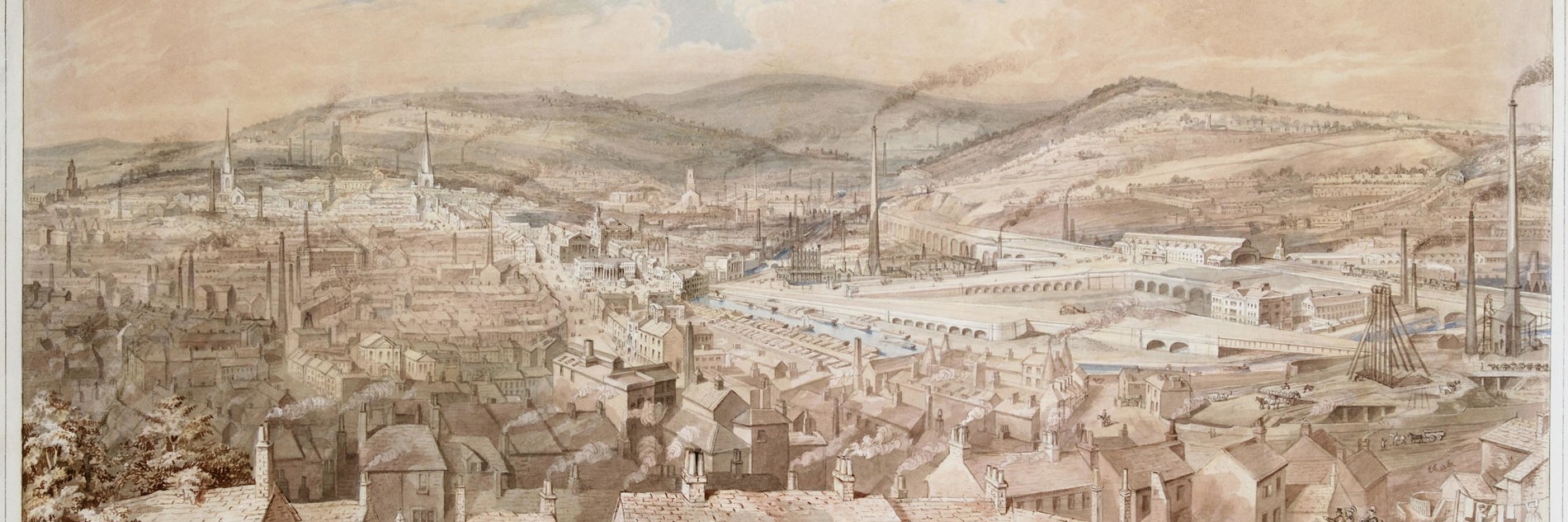 William's Ibbitt's watercolour painting South East View of Sheffield, 1854. It's a mostly sepia toned image, with a small amount of pale blue sky at the top of the image. It shows the houses and factories of Sheffield, with lots of chimneys and smoke rising above them. Three hills are shown in the background. There are some small figures depicted in the foreground, including a horse and cart, people doing stone work, children playing and people admiring the view. 