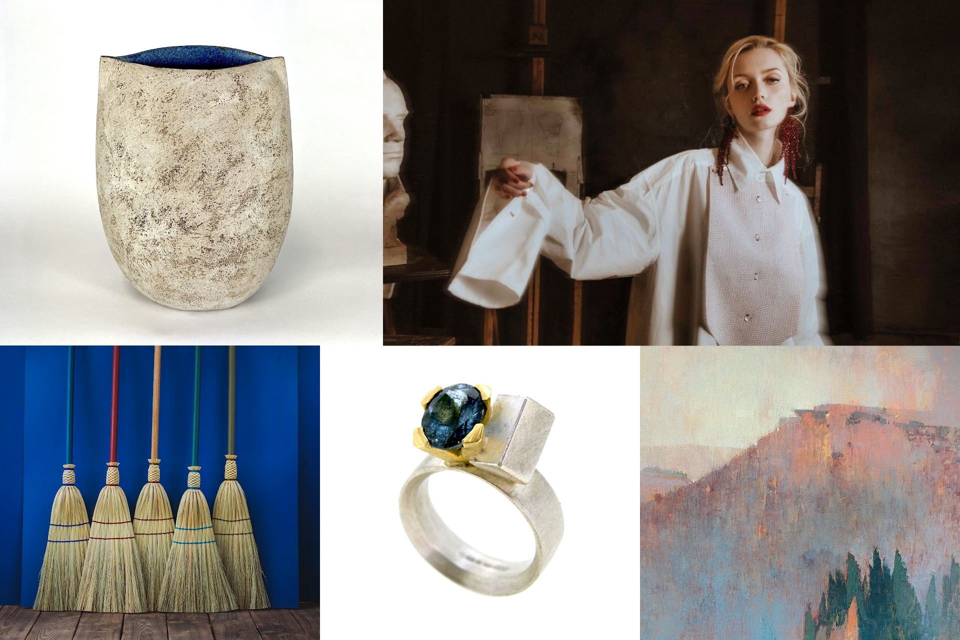 A montage of 5 images - a ceramic vessel; a photograph of an adult in front of an art easel and next to a bust; 5 straw sweeping brushes; a silver ring with a large green stone; a painting of a mountain landscape 