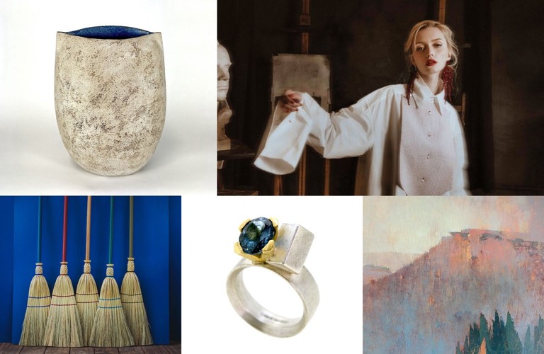 A montage of 5 images - a ceramic vessel; a photograph of an adult in front of an art easel and next to a bust; 5 straw sweeping brushes; a silver ring with a large green stone; a painting of a mountain landscape 