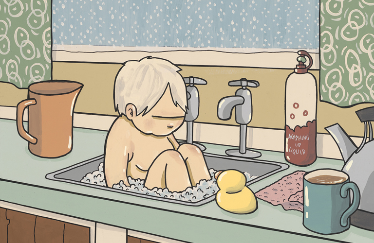 A painting of a young child being bathed in a sink of a 197s style kitchen. Around the sink are a rubber duck, a bottle of  washing up liquid, a jug, a kettle and a mug.