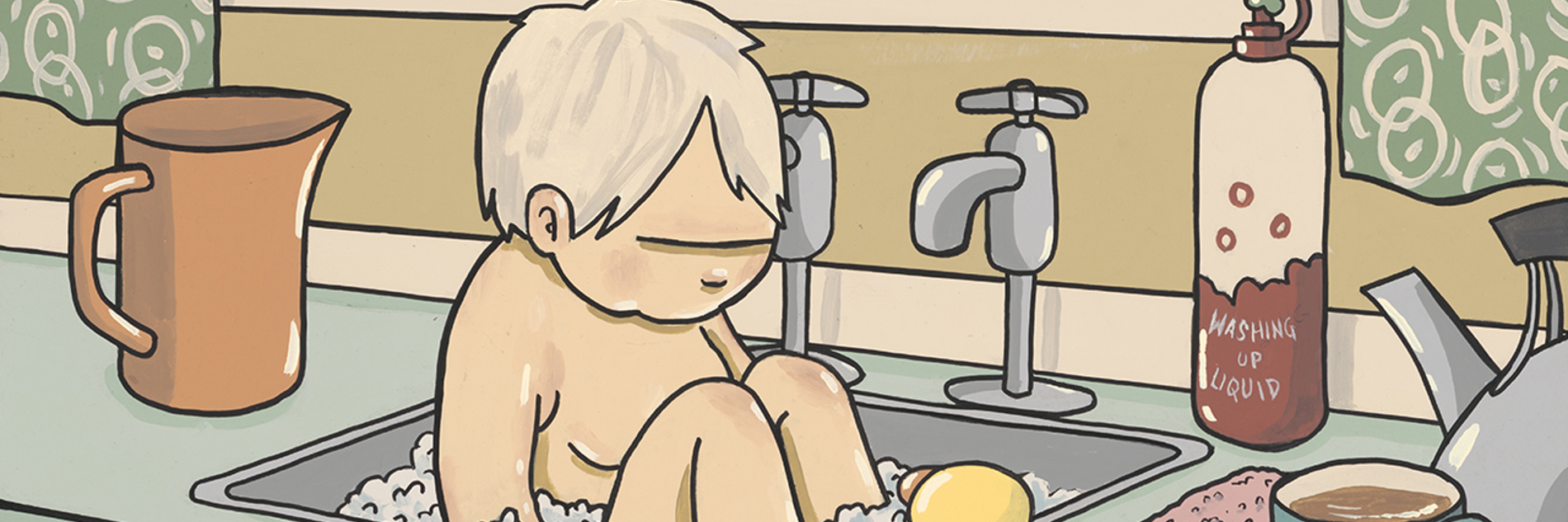 A painting of a young child being bathed in a sink of a 197s style kitchen. Around the sink are a rubber duck, a bottle of  washing up liquid, a jug, a kettle and a mug.