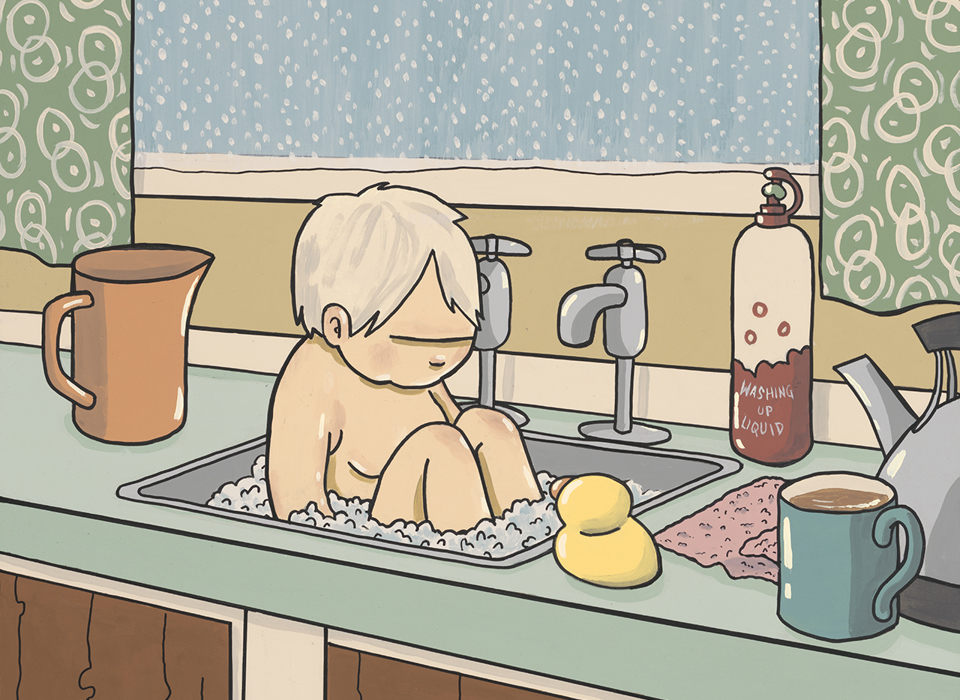 A painting of a young child being bathed in a sink of a 197s style kitchen. Around the sink are a rubber duck, a bottle of  washing up liquid, a jug, a kettle and a mug.