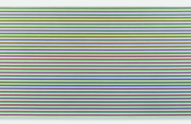 An abstract oil painting of irregularly repeating horizontal lines in cream, green, lilac and orange.
