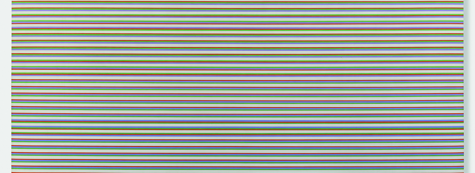An abstract oil painting of irregularly repeating horizontal lines in cream, green, lilac and orange.