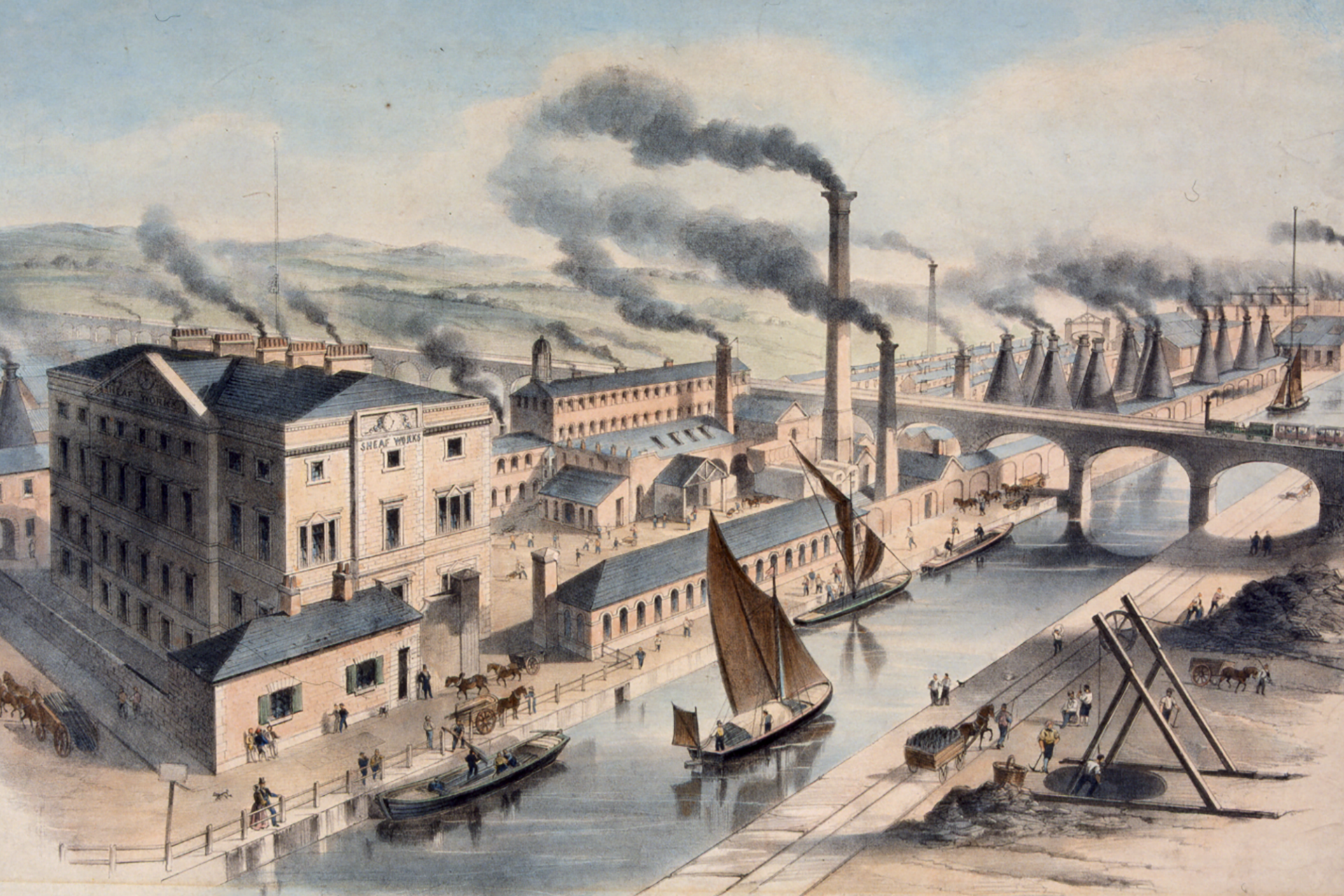 A painting of a busy industrial scene showing factories with many chimneys which have smoke billowing out of them. A waterway runs to the right of the picture with boats and a train travels over a viaduct. There are lots of people and horses and carts.