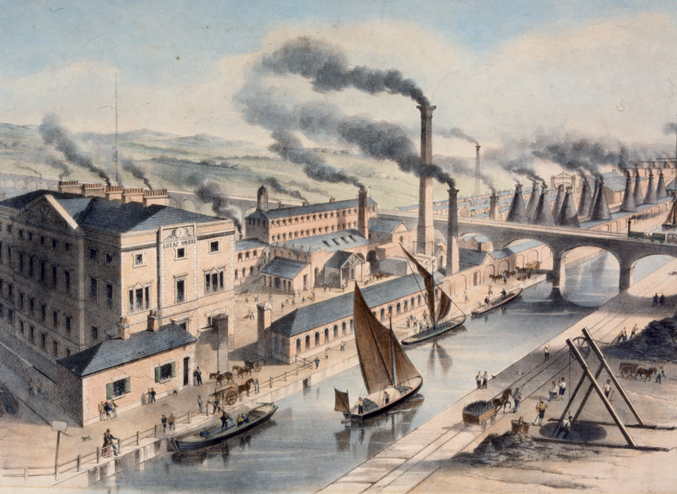 A painting of a busy industrial scene showing factories with many chimneys which have smoke billowing out of them. A waterway runs to the right of the picture with boats and a train travels over a viaduct. There are lots of people and horses and carts.