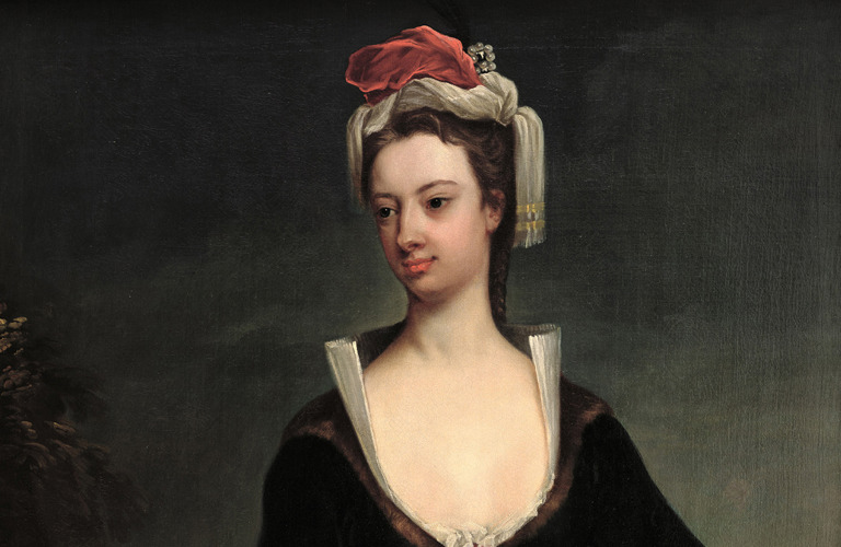 An oil portrait featuring the subject wearing a black dress and red and white headdress set against a background of a dark sky with some architectural detail in the distance.
