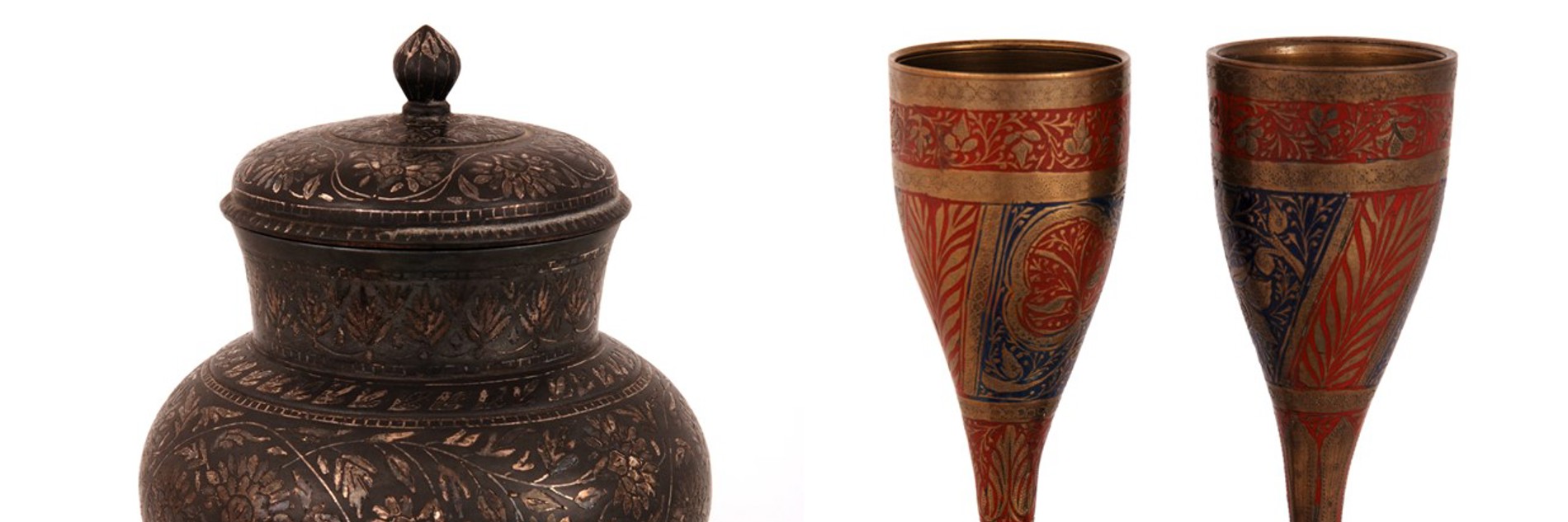 A photograph of two examples of South Asian metalwork against a white background. One is a brown/bronze lidded jar, the other is two golden drinking cups decorated with blue and red.